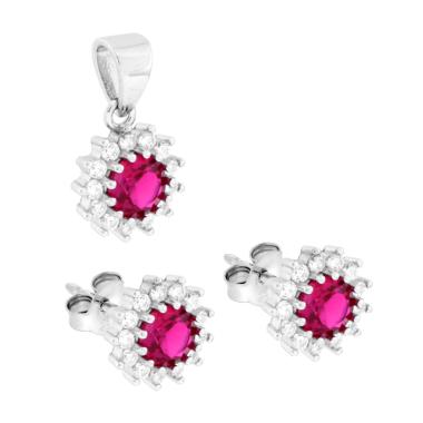 Parure Set Orecchini e Ciondolo Zircone Tondo Rosso Rubino contornato da Cubic Zirconia Bianco in ARGENTO 925 Galvanica Rodio