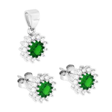 Parure Set Orecchini e Ciondolo Zircone Tondo Verde Smeraldo contornato da Cubic Zirconia Bianco in ARGENTO 925 Galvanica Rodio