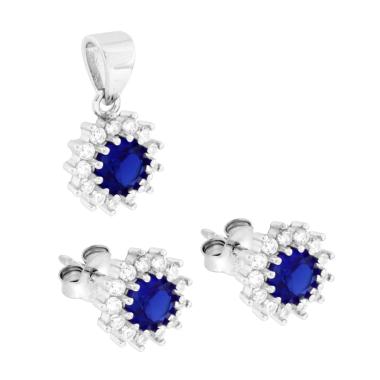 Parure Set Orecchini e Ciondolo Zircone Tondo Blu Zaffiro contornato da Cubic Zirconia Bianco in ARGENTO 925 Galvanica Rodio