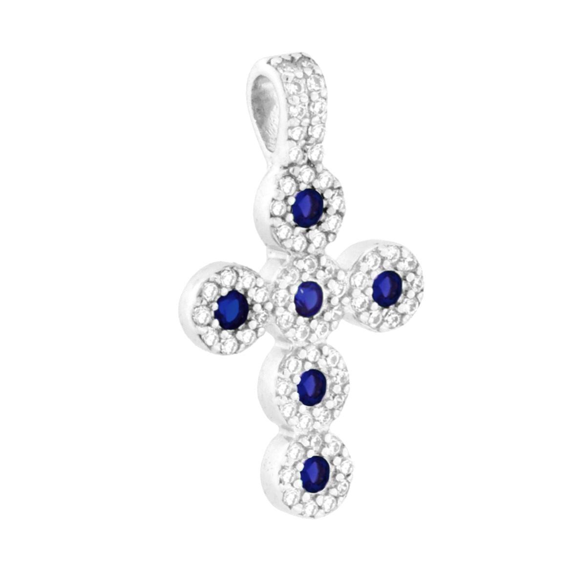 Ciondolo Croce con Cubic Zirconia Blu Zaffiro in ARGENTO 925 Galvanica Rodio