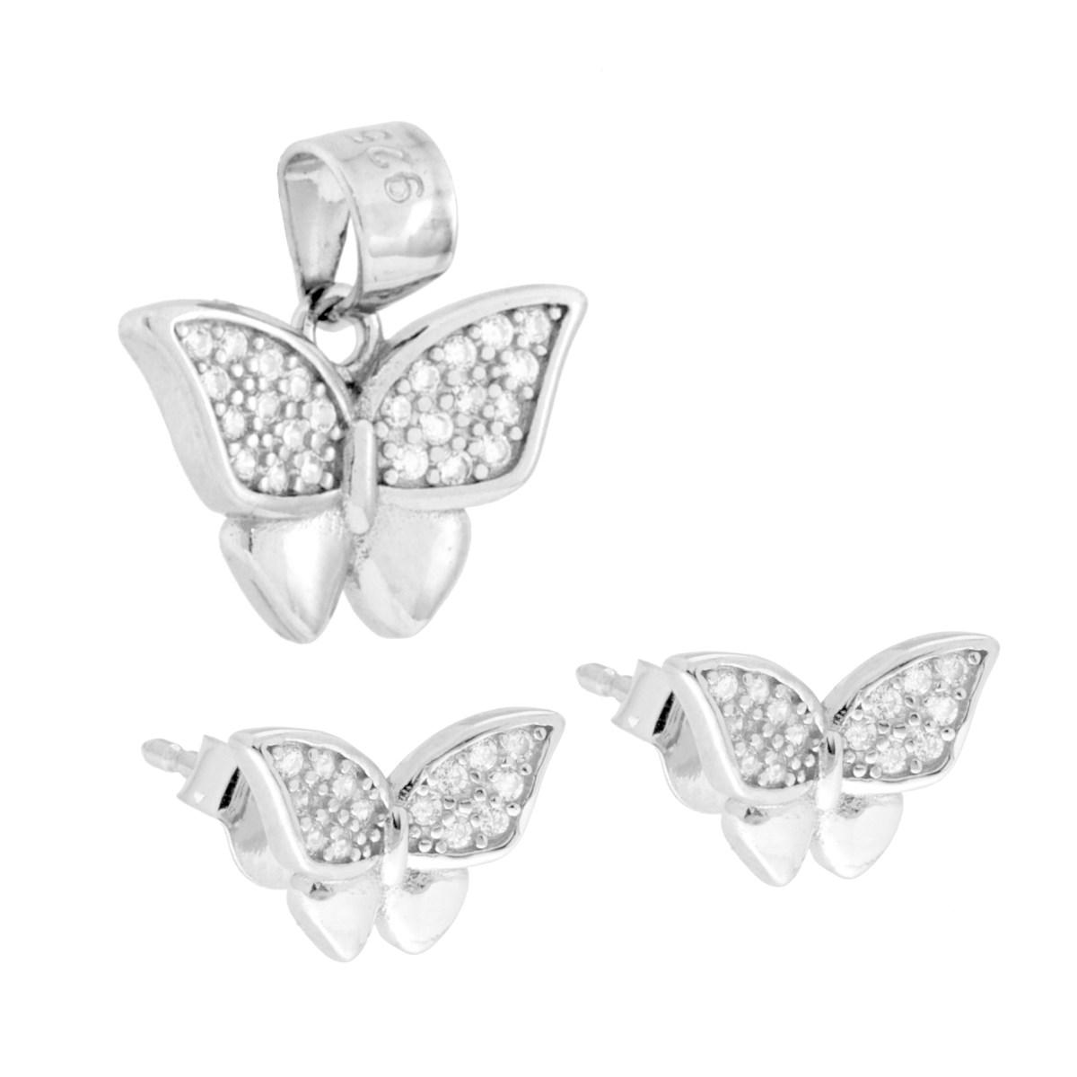 Parure Set Orecchini e Ciondolo Farfalla con Cubic Zirconia Bianchi in ARGENTO 925 Galvanica Rodio