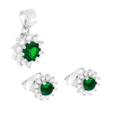 Parure Set Orecchini e Ciondolo Tondo Verde Smeraldo contornato da Cubic Zirconia Bianchi in ARGENTO 925 Galvanica Rodio