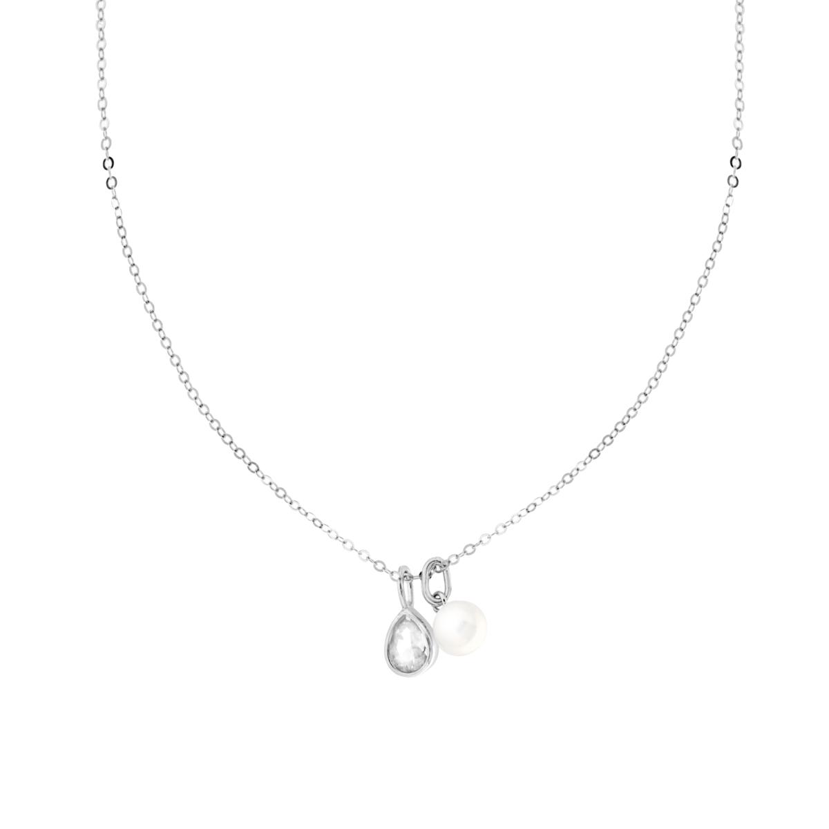 Collana Catena Forzatina Diamantata con Goccia Cubic Zirconia Bianco e Perla in ARGENTO 925 Galvanica Rodio