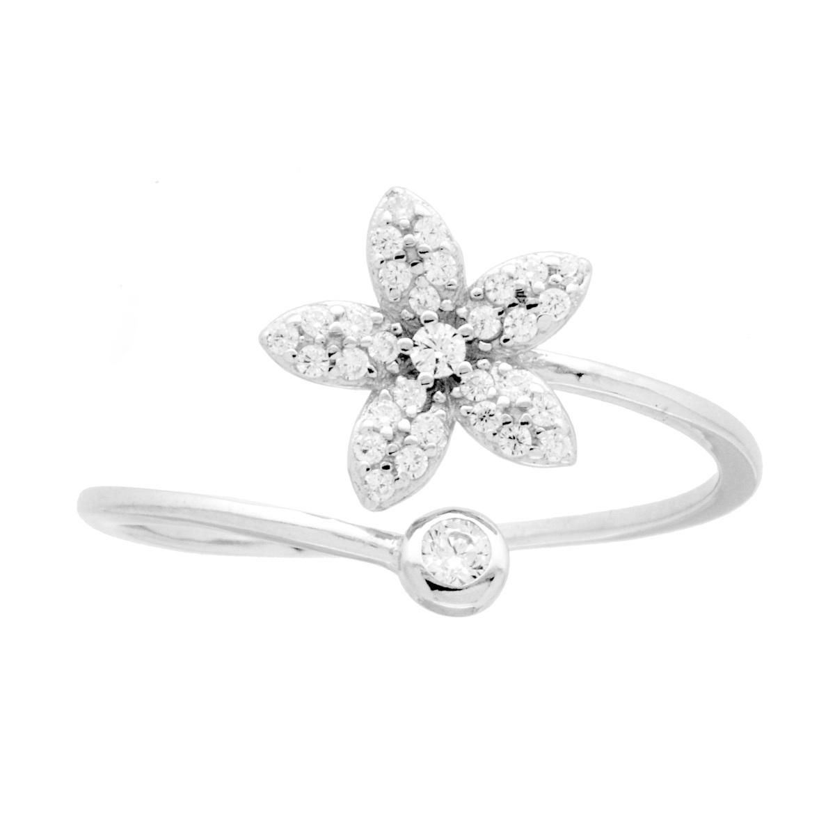 Anello Contrarie Fiore con Cubic Zirconia Bianchi e punto luce in ARGENTO 925 Galvanica Rodio