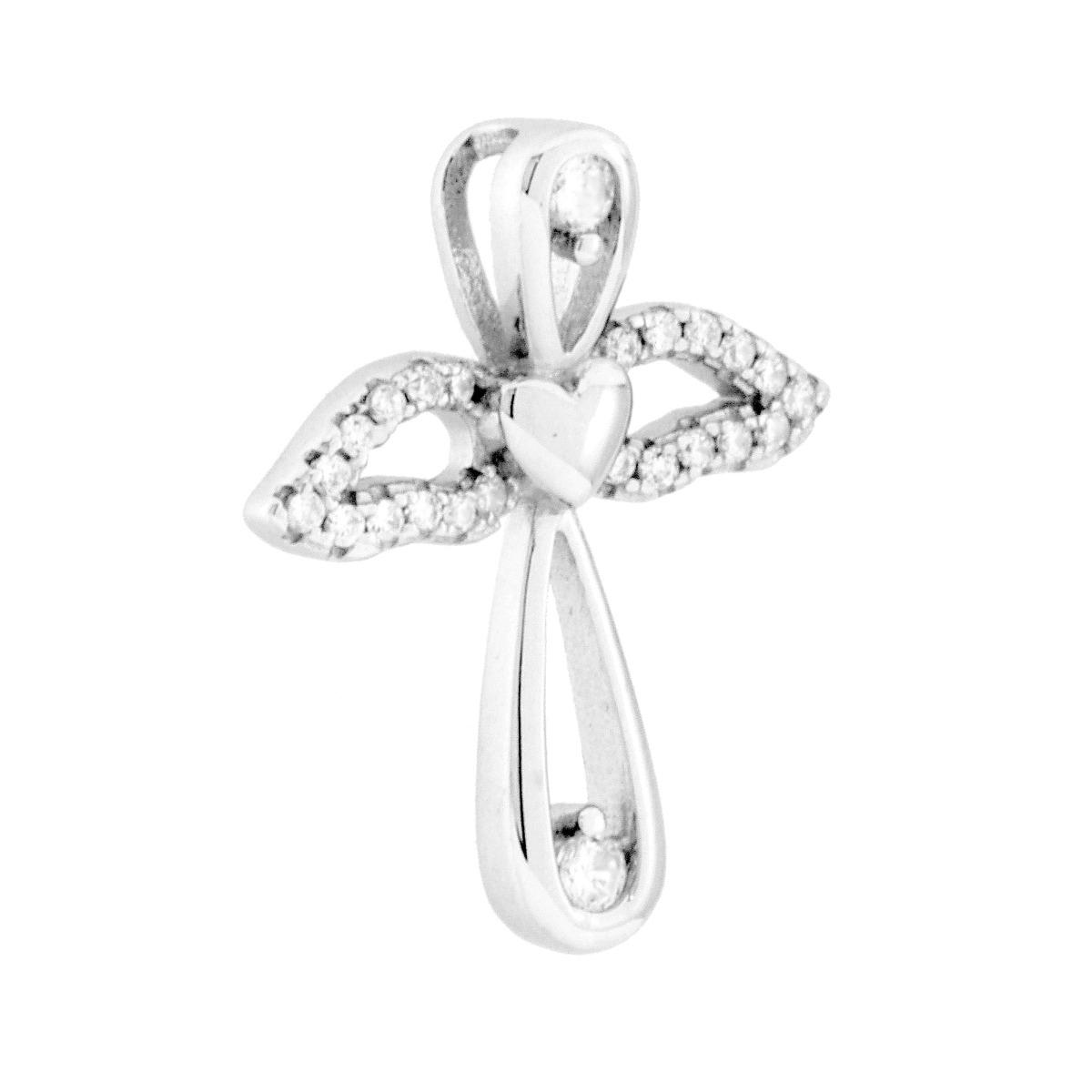 Ciondolo Croce Alata con Cuore e Cubic Zirconia Bianchi in ARGENTO 925 Galvanica Rodio