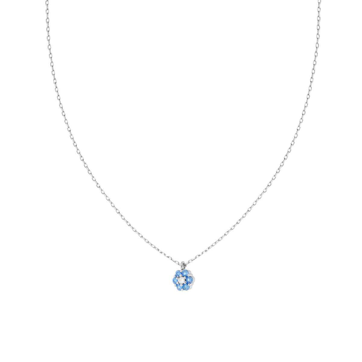 Collana Catena Forzatina Diamantata con Fiore e Cubic Zirconia Acquamarina e Bianchi in ARGENTO 925 Galvanica Rodio