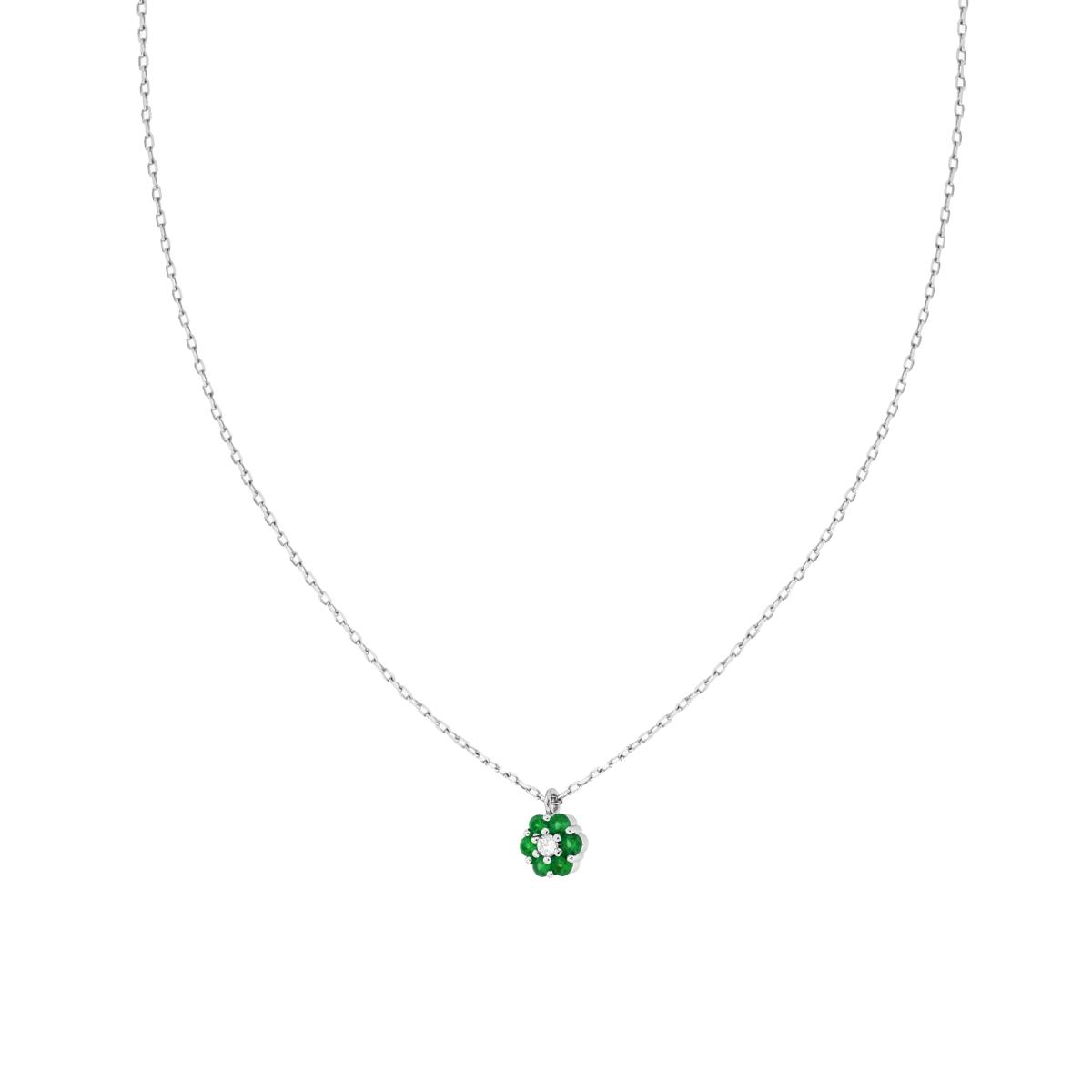 Collana Catena Forzatina Diamantata con Fiore e Cubic Zirconia Verde Smeraldo e Bianchi in ARGENTO 925 Galvanica Rodio