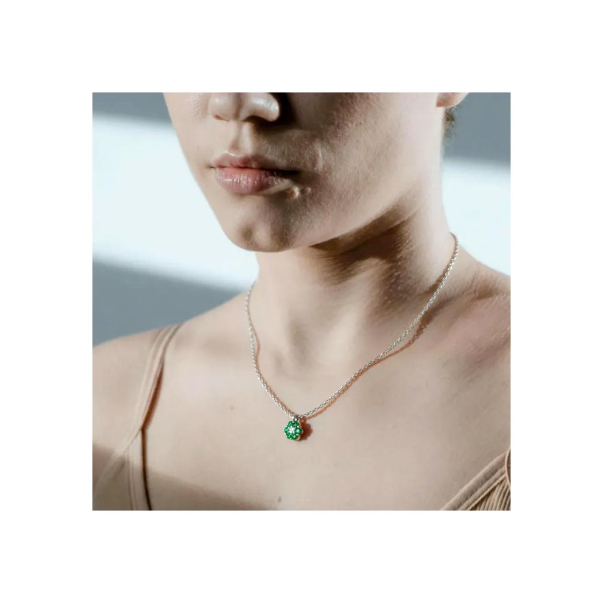Collana Catena Forzatina Diamantata con Fiore e Cubic Zirconia Verde Smeraldo e Bianchi in ARGENTO 925 Galvanica Rodio