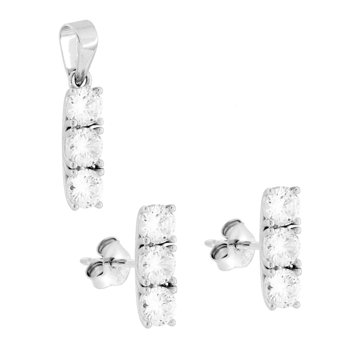 Parure Set Orecchini e Ciondolo Trilogy con Cubic Zirconia Bianchi in ARGENTO 925 Galvanica Rodio