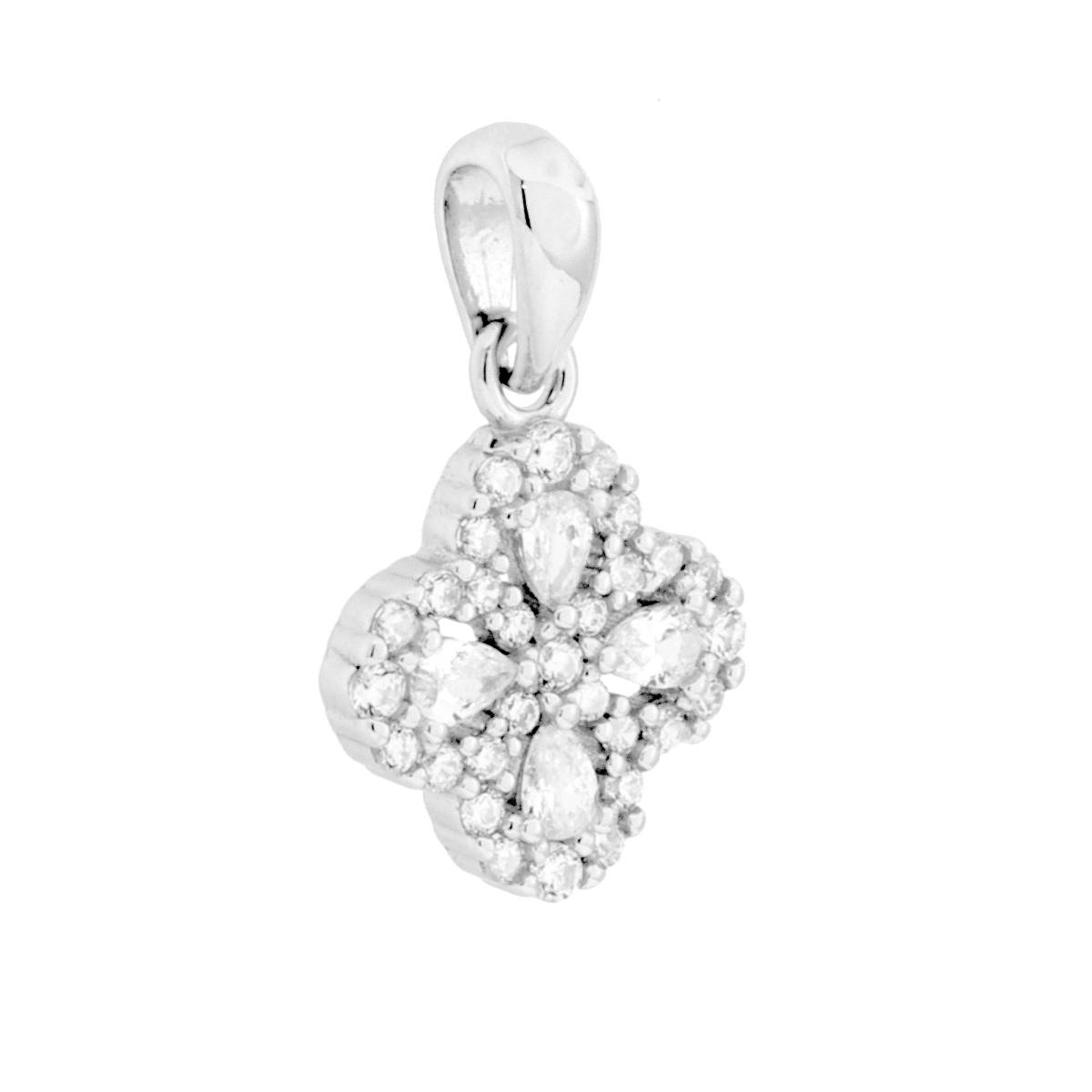 Ciondolo Quadrifoglio con Cubic Zirconia Bianchi in ARGENTO 925 Galvanica Rodio