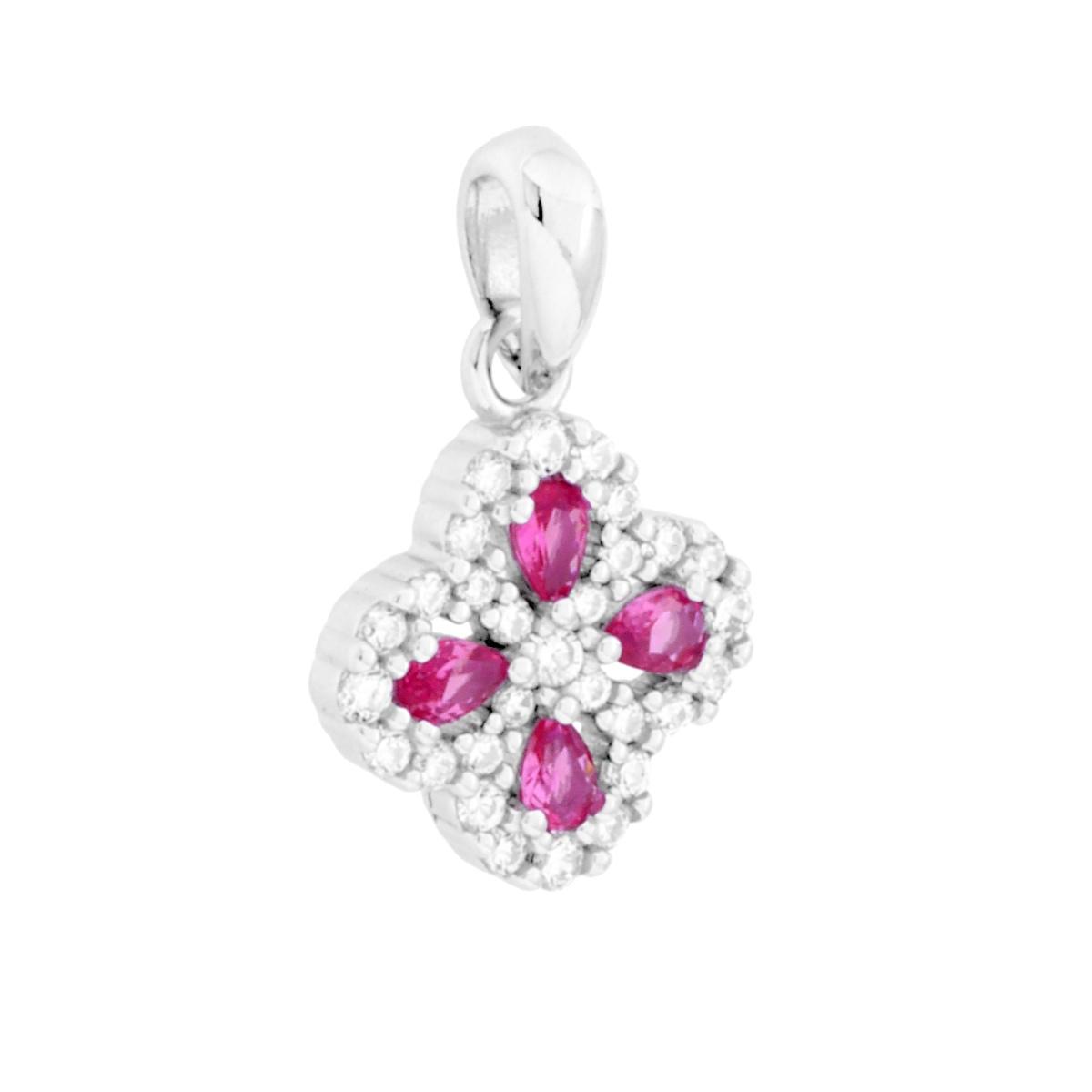 Ciondolo Quadrifoglio con Cubic Zirconia Rosso Rubino e Bianchi in ARGENTO 925 Galvanica Rodio