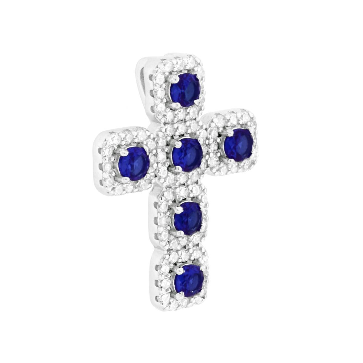 Ciondolo Croce con Cubic Zirconia Blu Zaffiro e Bianchi in ARGENTO 925 Galvanica Rodio