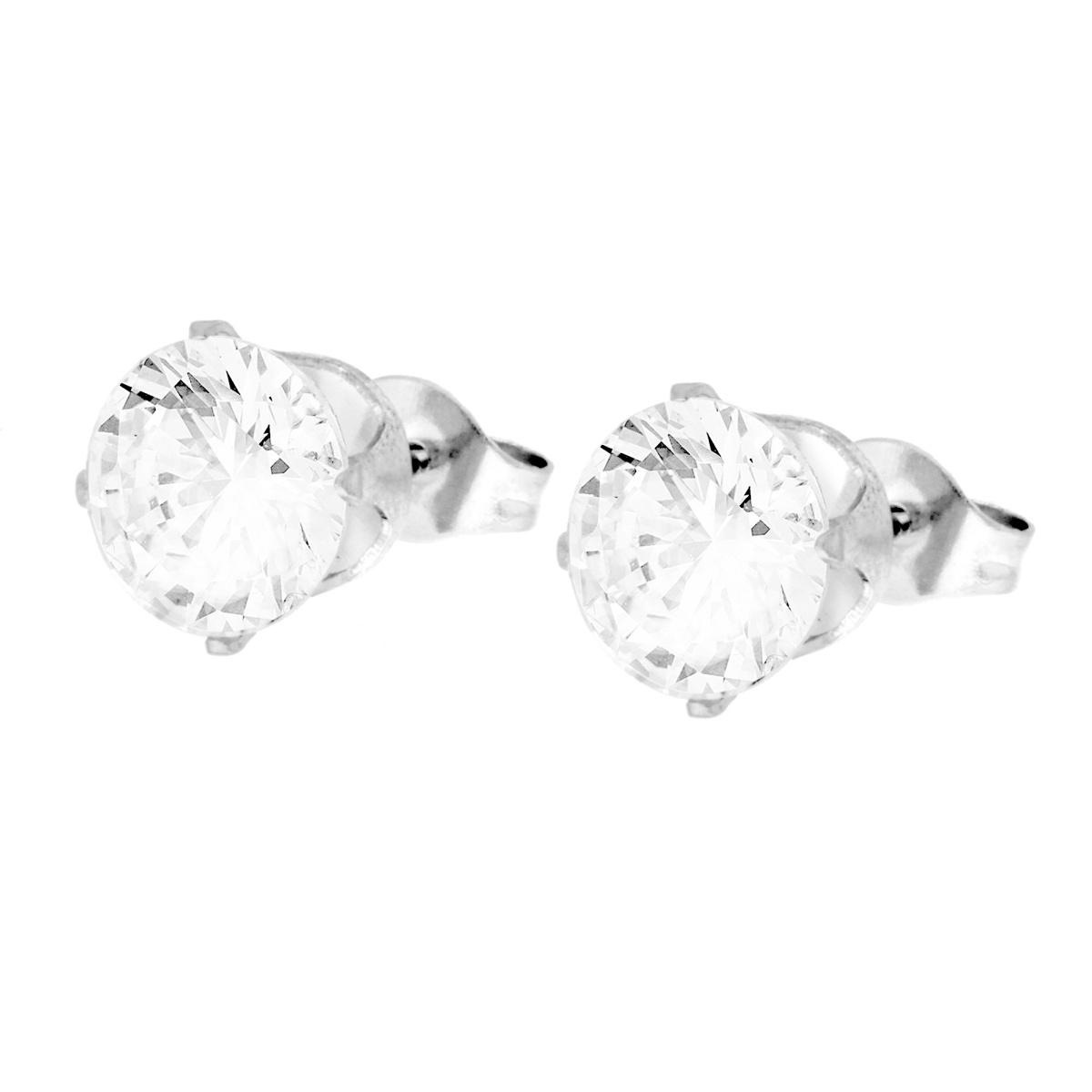 Orecchini Punto Luce Tondo a Griffe con Crystal Bianco mm 8 in ACCIAIO