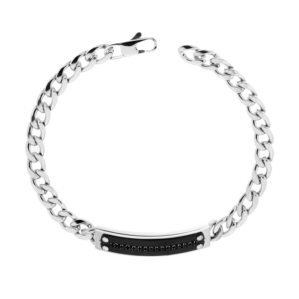 Bracciale Uomo Catena Grumetta con Targa Nera e Crystal Neri in ACCIAIO