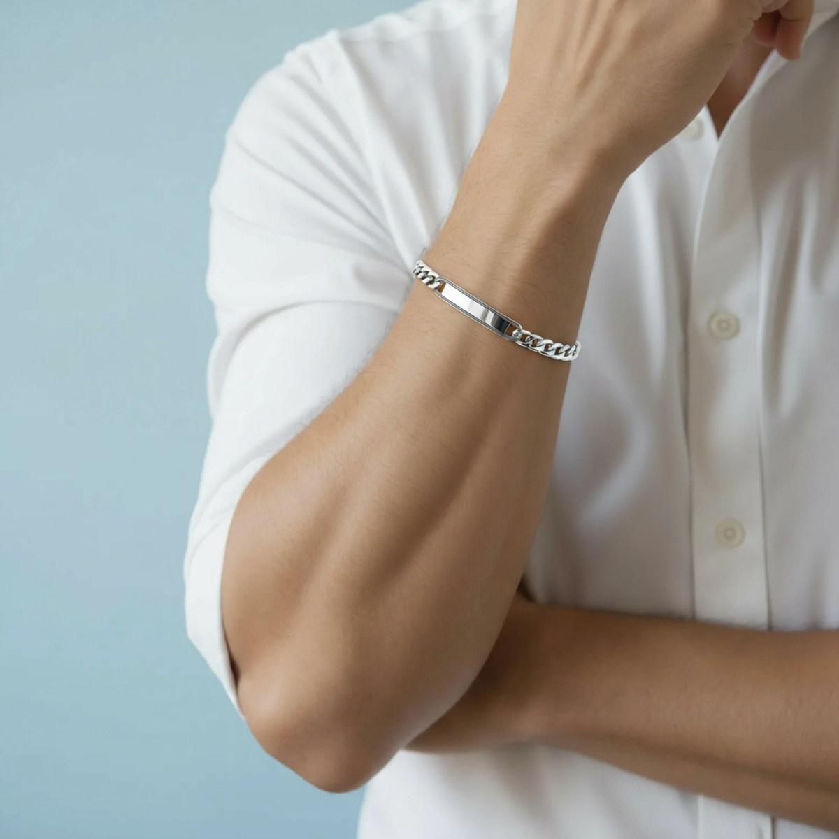 Bracciale Uomo Catena Grumetta con Targa Rigata in ACCIAIO