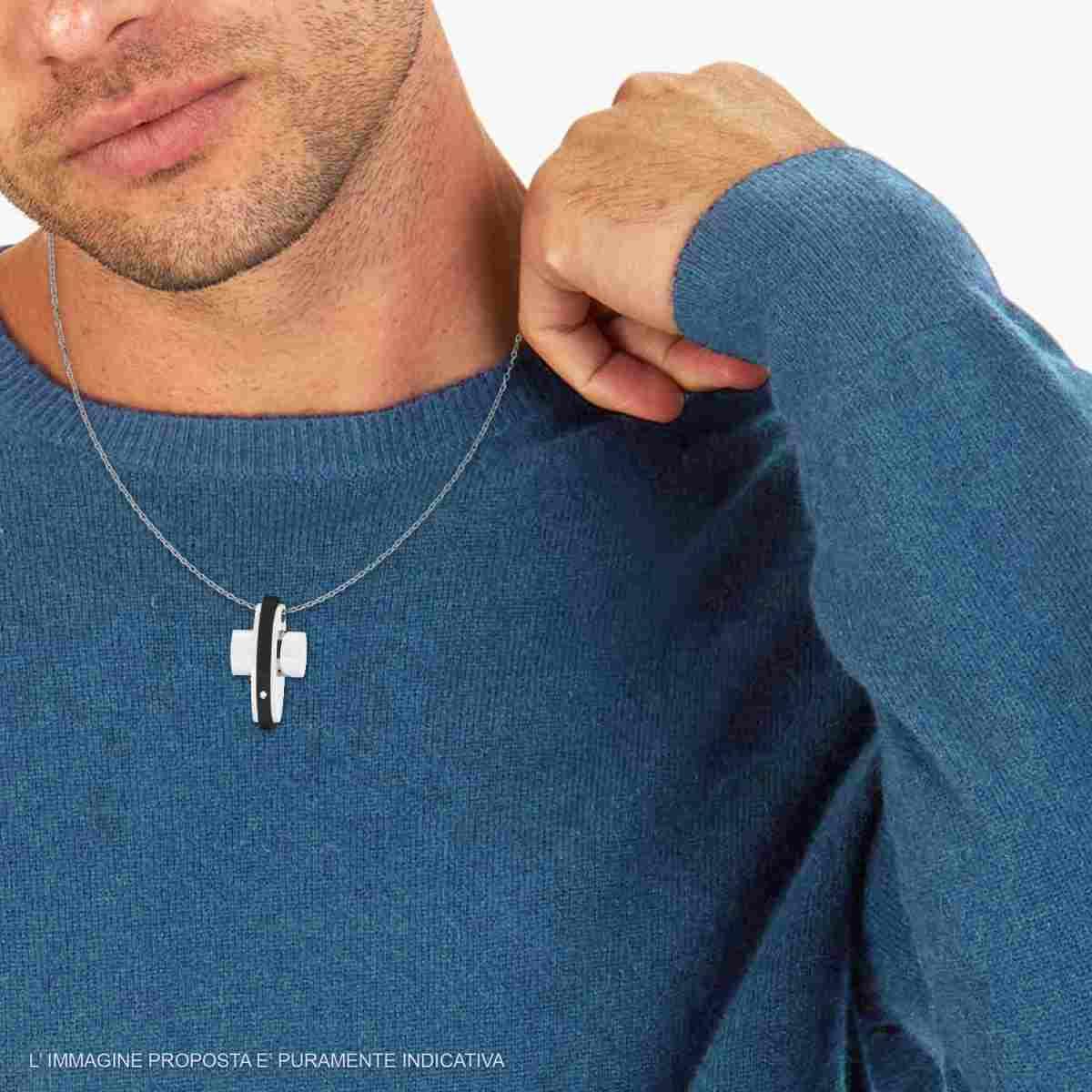 Collana Catena Forzatina Diamantata con Croce Nera con Crystal Bianco in ACCIAIO