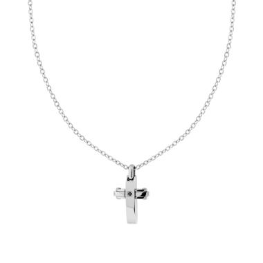 Collana con Catena Forzatina Diamantata con Croce e Crystal Nero in ACCIAIO