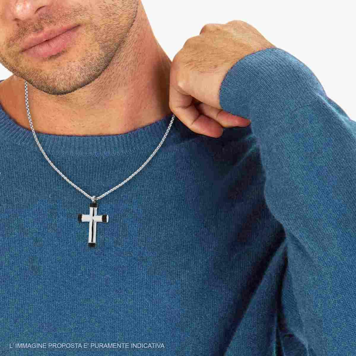 Collana Catena Veneziana Tonda e Croce con Dettaglio Nero in ACCIAIO