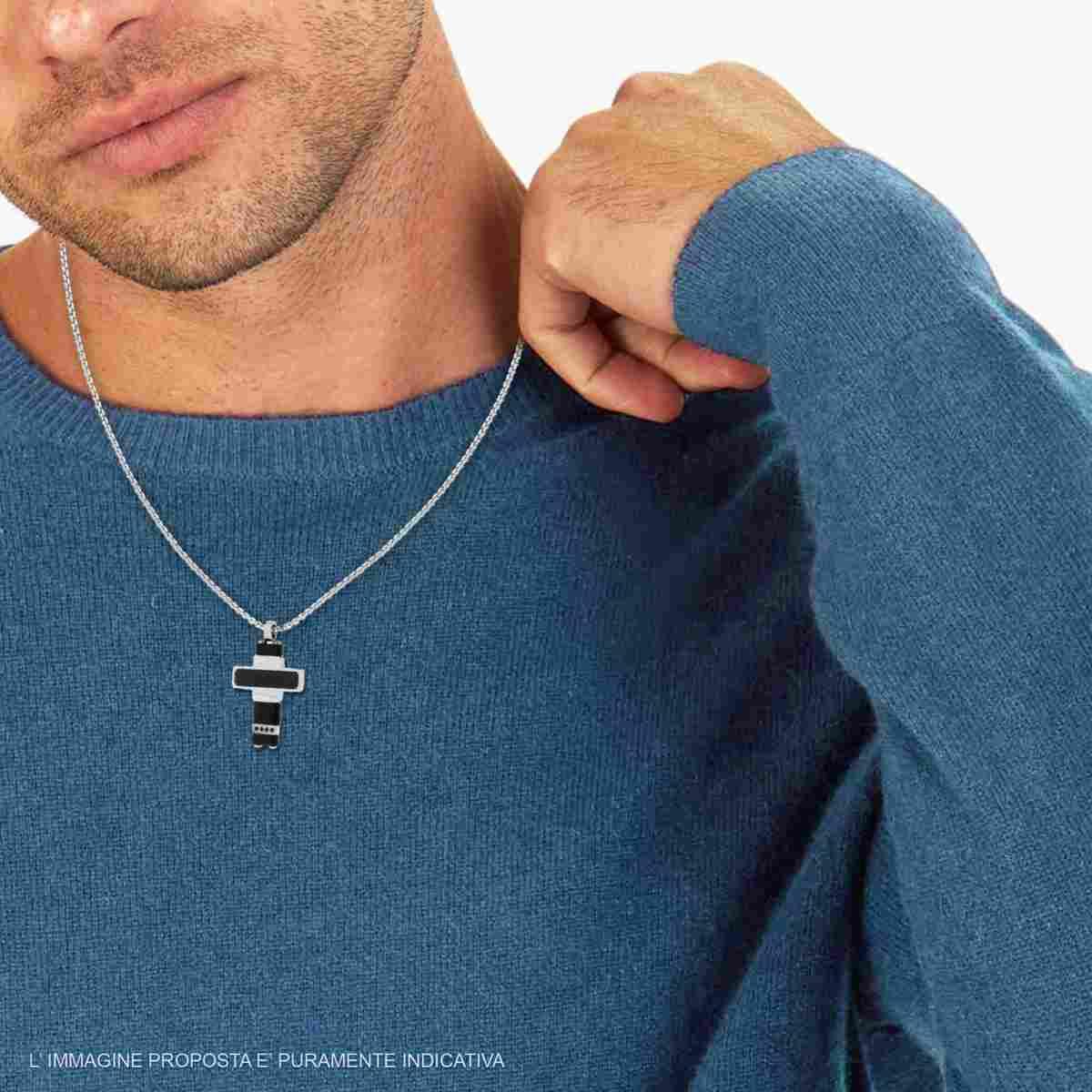 Collana Catena Veneziana Tonda e Croce con Effetto Fibra di Carbonio e Crystal Neri in ACCIAIO