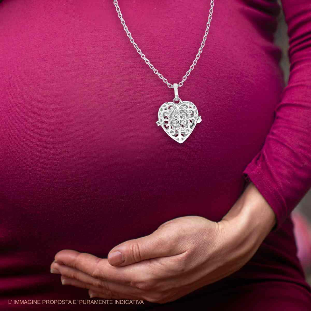 Collana Catena Forzatina Diamantata cm 90 con Chiama Angeli Cuore e Crystal Bianchi con Sfera Sonaglio in ACCIAIO e BRONZO