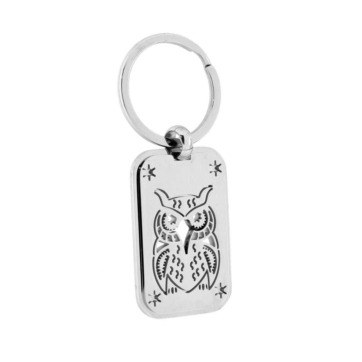 Portachiavi Uomo Donna ad Anello con Piastra e Gufo in ACCIAIO