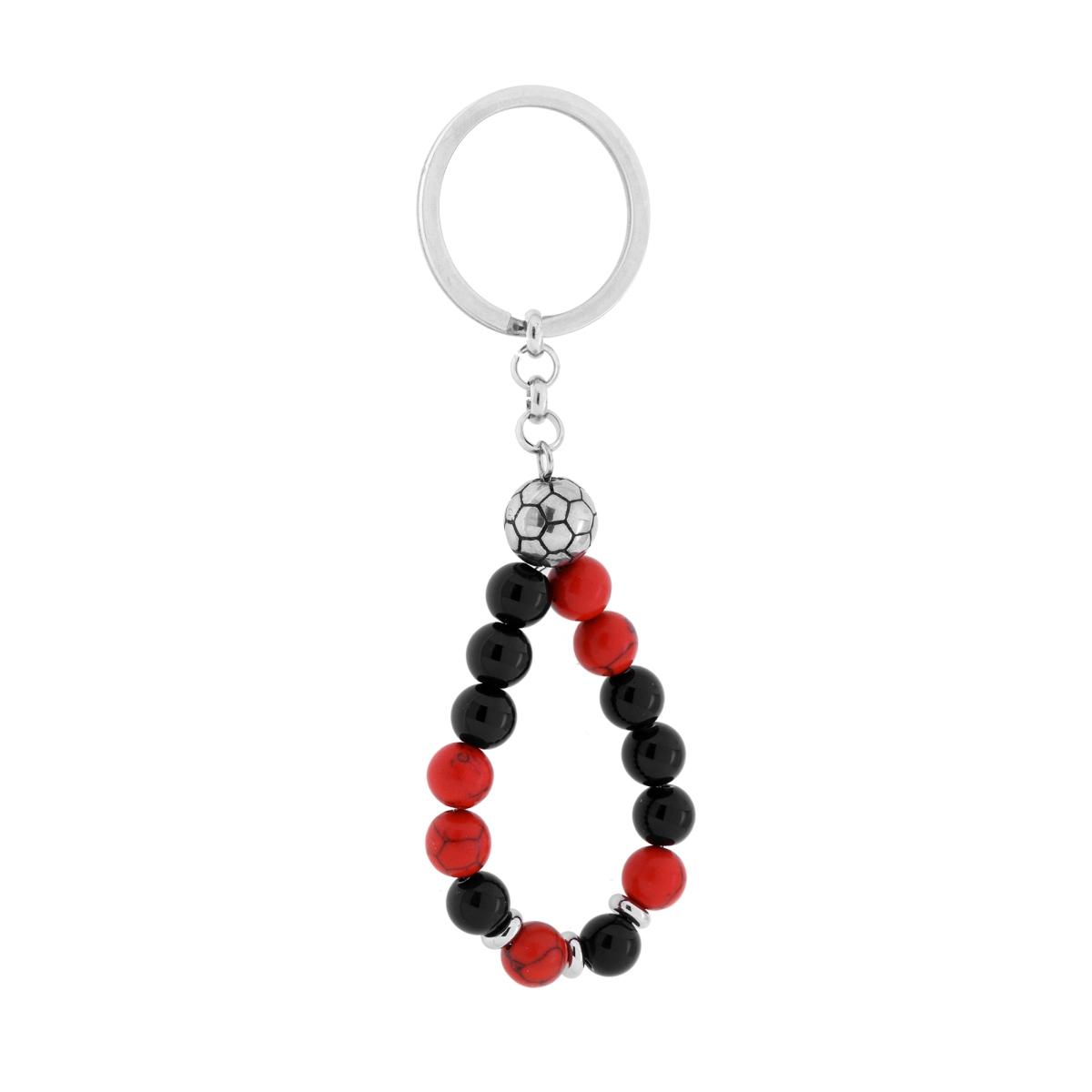 Portachiavi Uomo Donna ad Anello con Pietre Rosse e Nere e Pallone Calcio in ACCIAIO