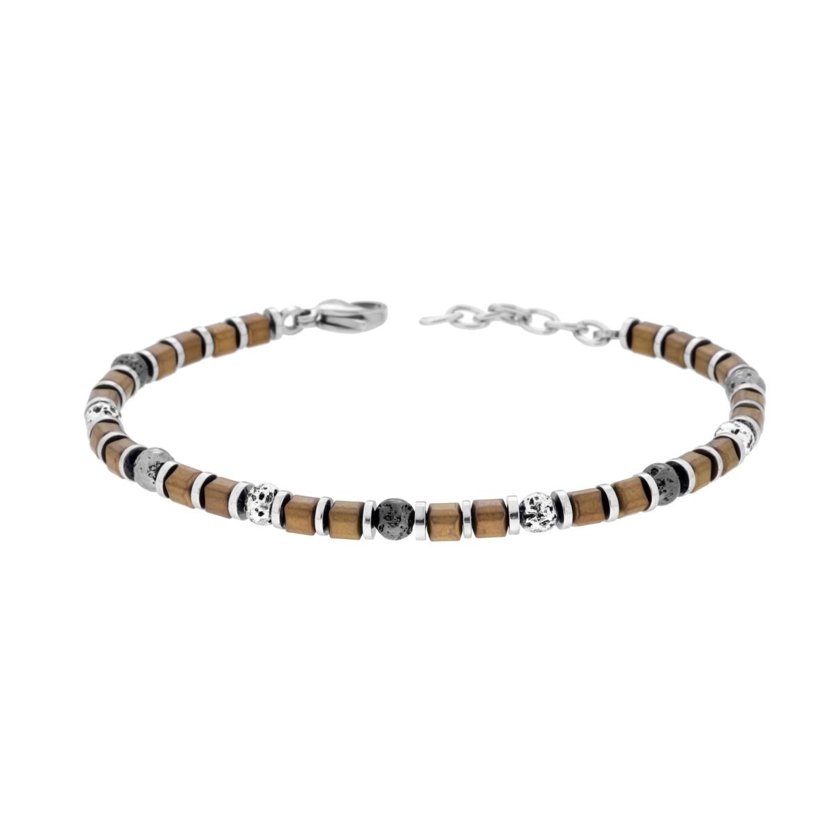 Bracciale Catena con Cubetti colore Bronzo e Palline effetto Pietra in ACCIAIO