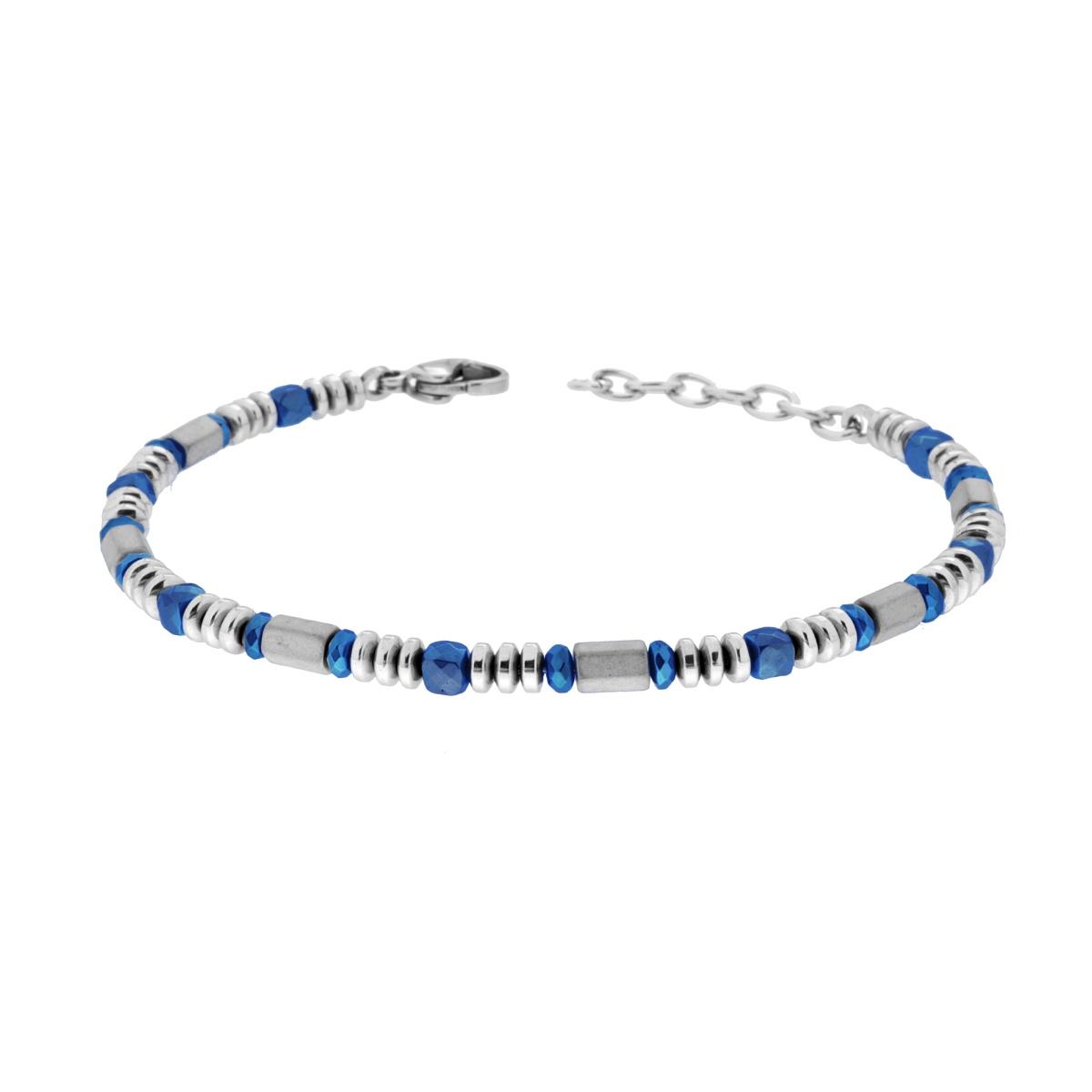 Bracciale Catena con Cubetti e Anelli Sfaccettati Blu e Cilindri Grigi in ACCIAIO