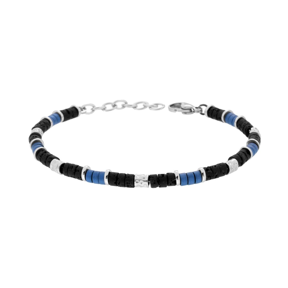 Bracciale Catena con Pietra Lavica Nera Cilindri colore Blu e Martellati in ACCIAIO