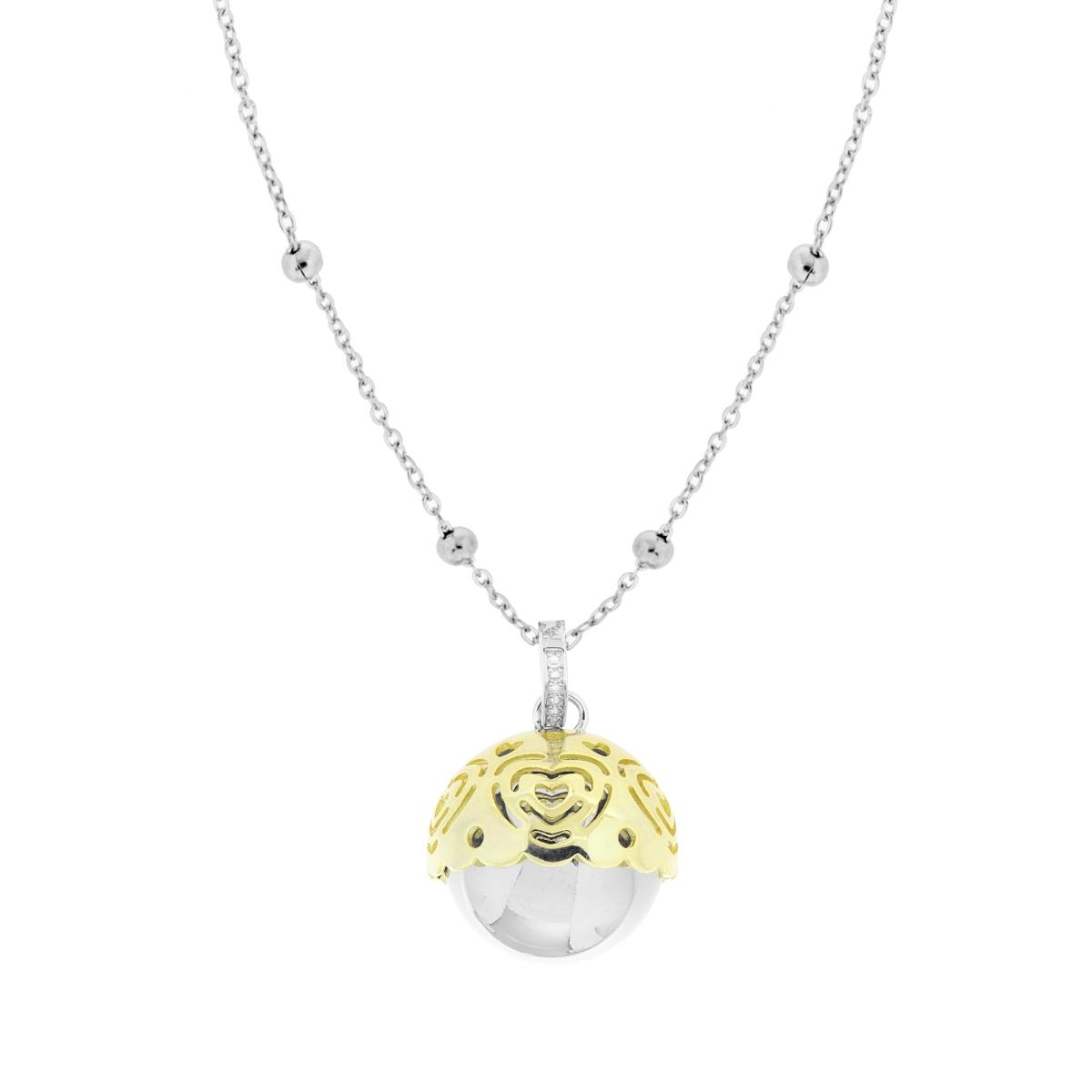 Collana Catena Forzatina con Palline cm 90 Chiama Angeli Cupola colore Oro con Cuori con Sfera Sonaglio in ACCIAIO e BRONZO