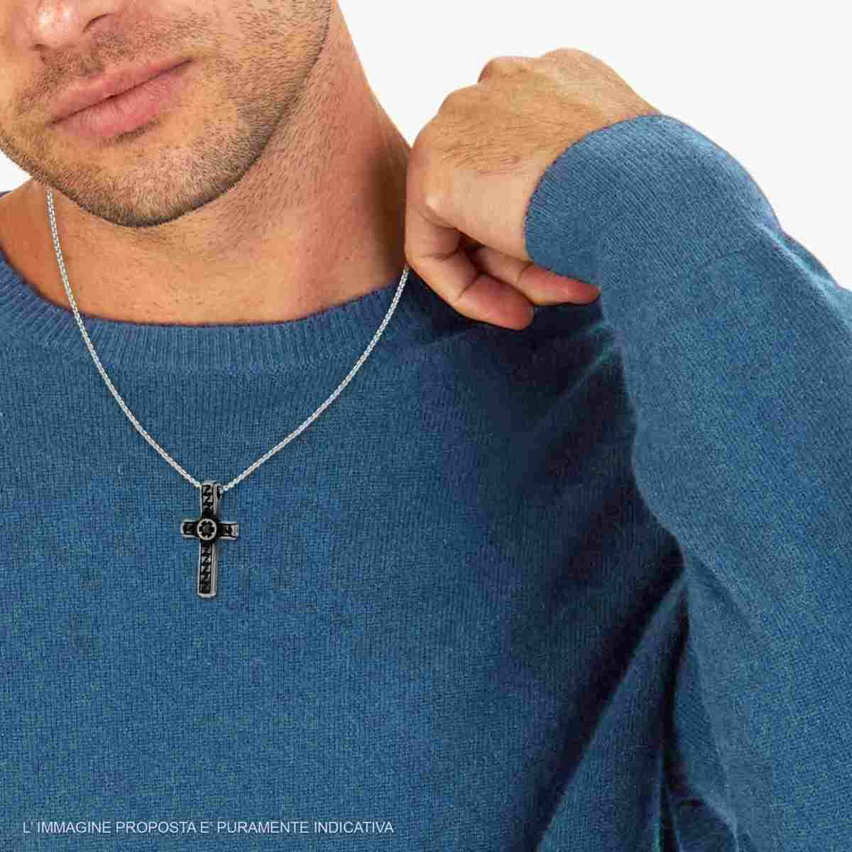 Collana Catena Veneziana Tonda con Croce Brunita e Crystal Nero in ACCIAIO