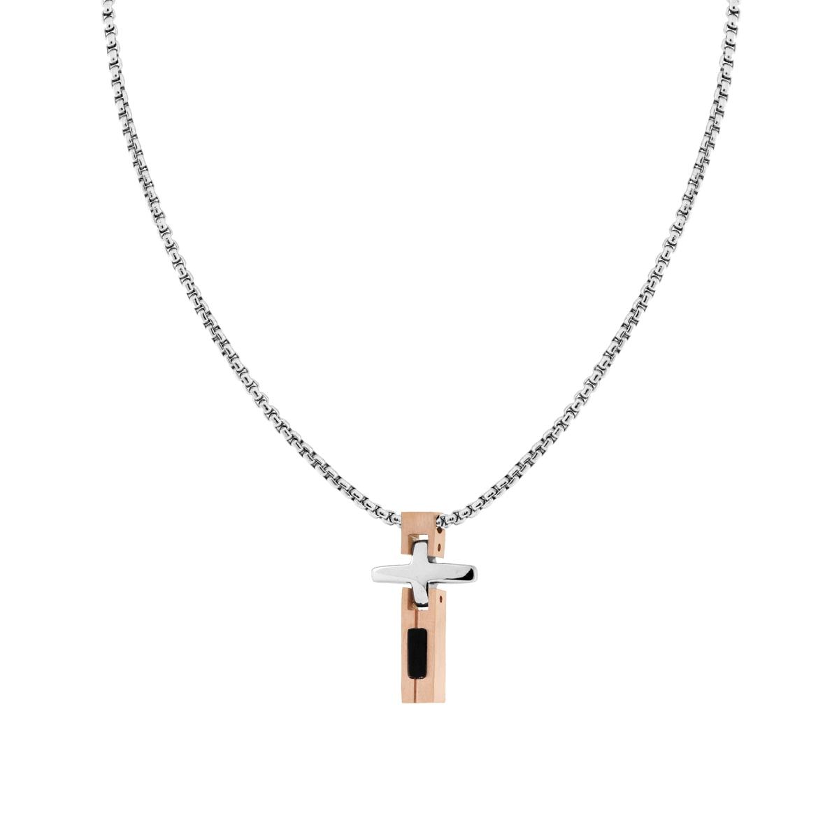 Collana Catena Veneziana Tonda con Croce Segmentata e Imperniata Rosa in ACCIAIO