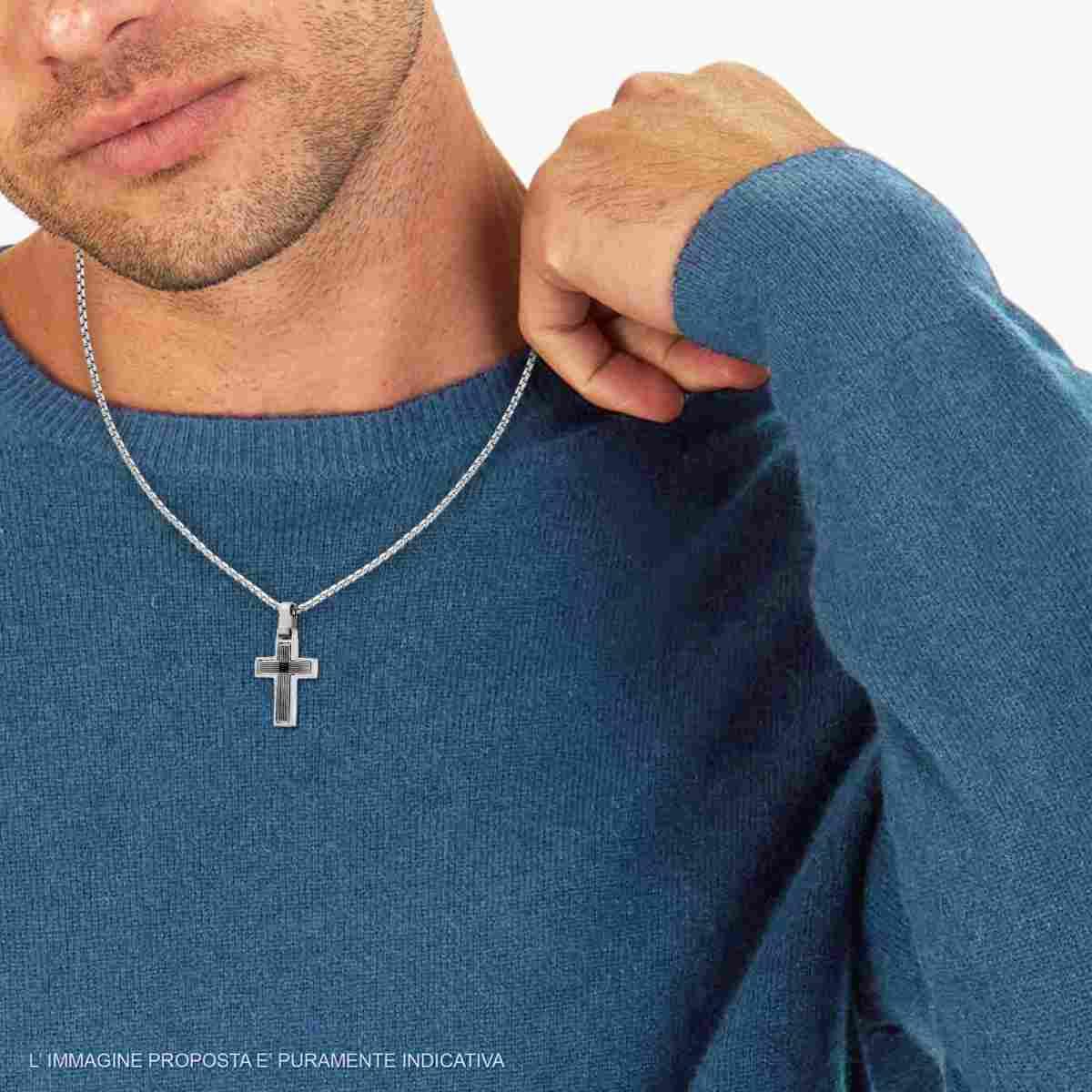 Collana Catena Veneziana Tonda con Croce Rigata e Crystal Nero in ACCIAIO