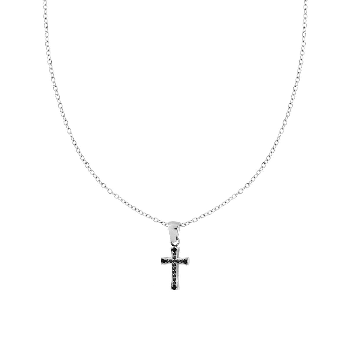 Collana con Catena Forzatina Diamantata con Croce e Crystal Neri in ACCIAIO