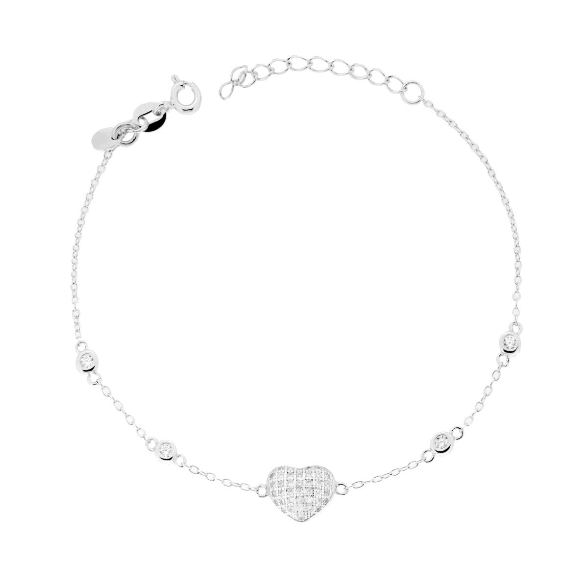 Bracciale Catena Forzatina Diamantata Cuore con Cubic Zirconia Bianchi in ARGENTO 925 Galvanica Rodio