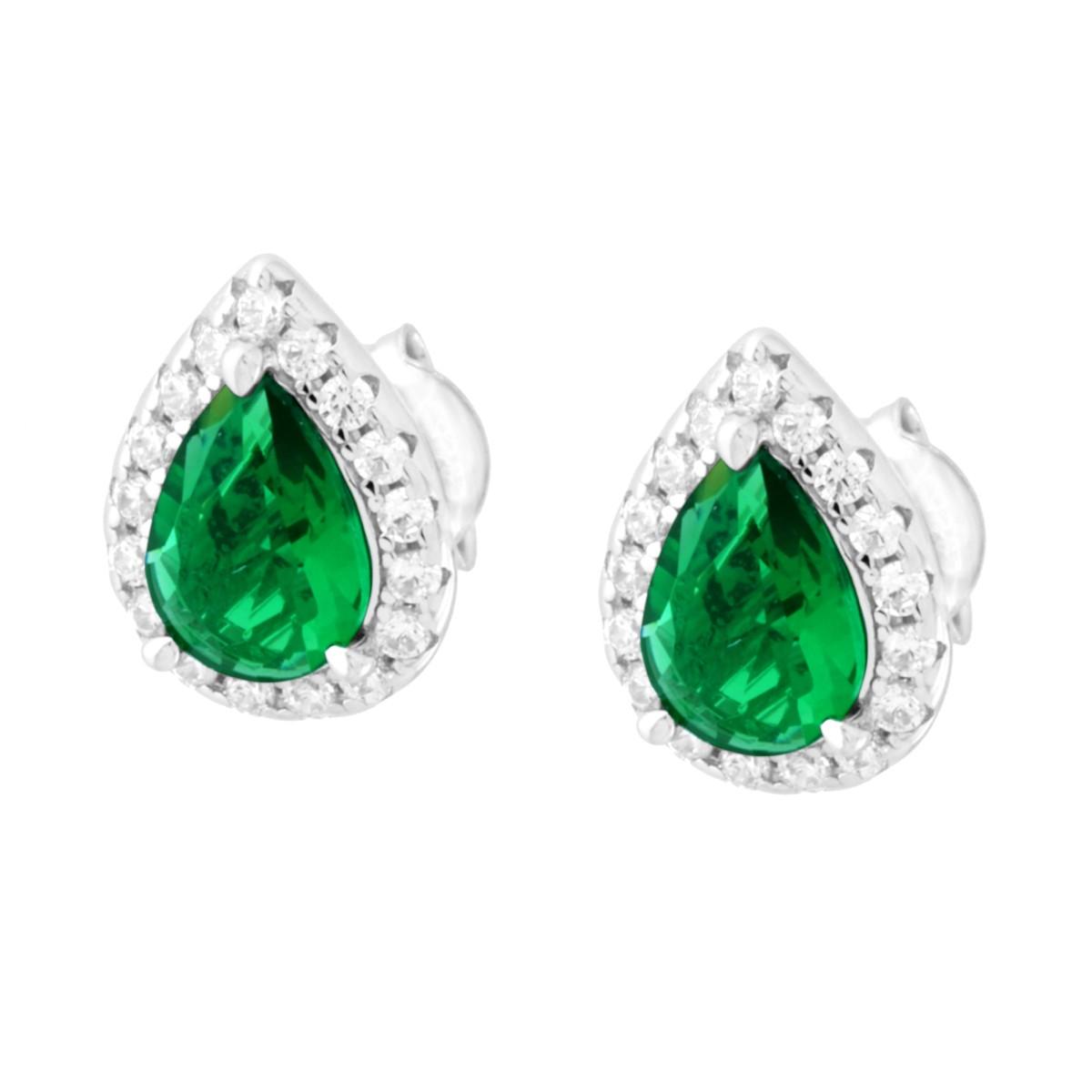 Orecchini Goccia Verde Smeraldo contornato da Cubic Zirconia Bianchi in ARGENTO 925 Galvanica Rodio