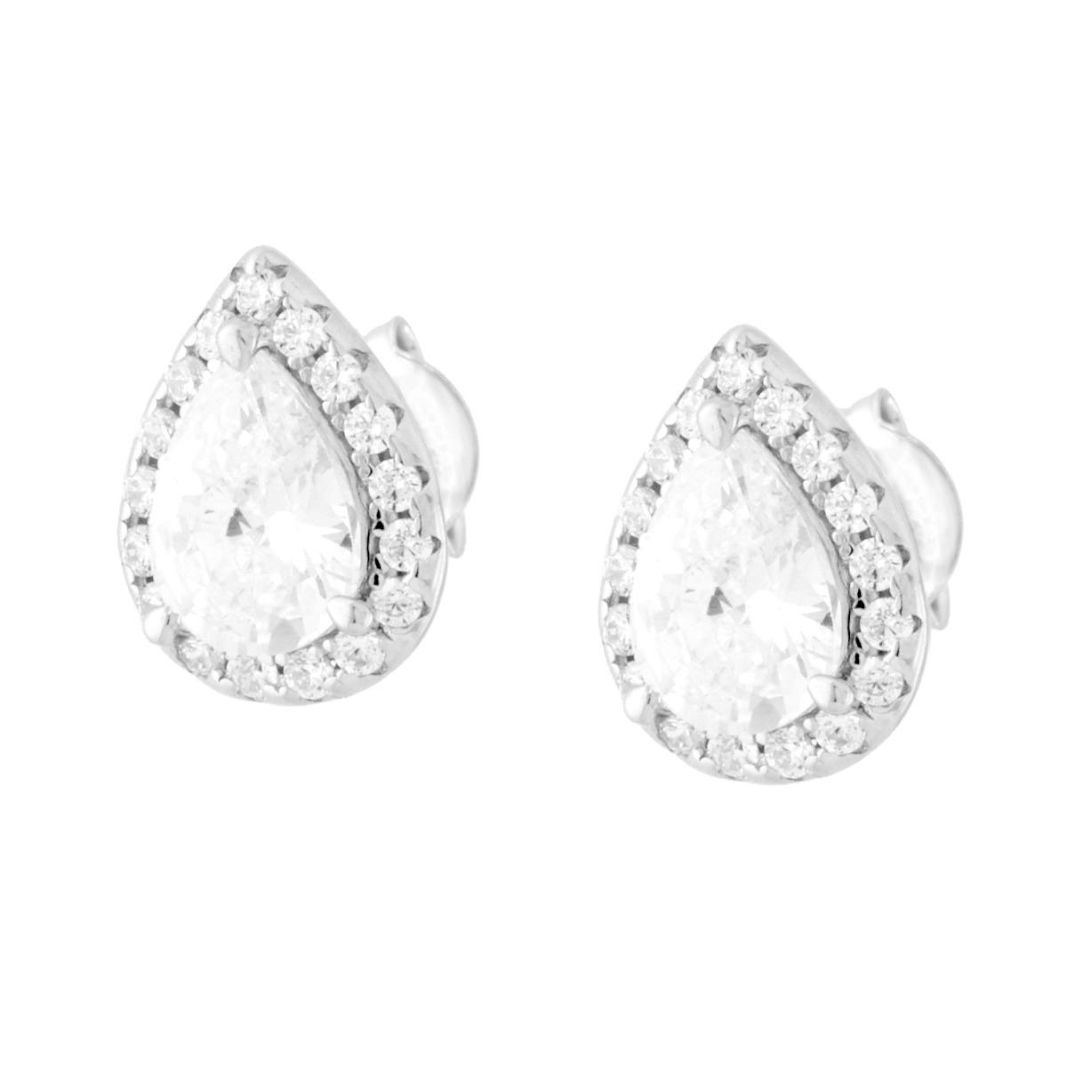 Orecchini Punto Luce Goccia Bianca contornata da Cubic Zirconia Bianchi in ARGENTO 925 Galvanica Rodio