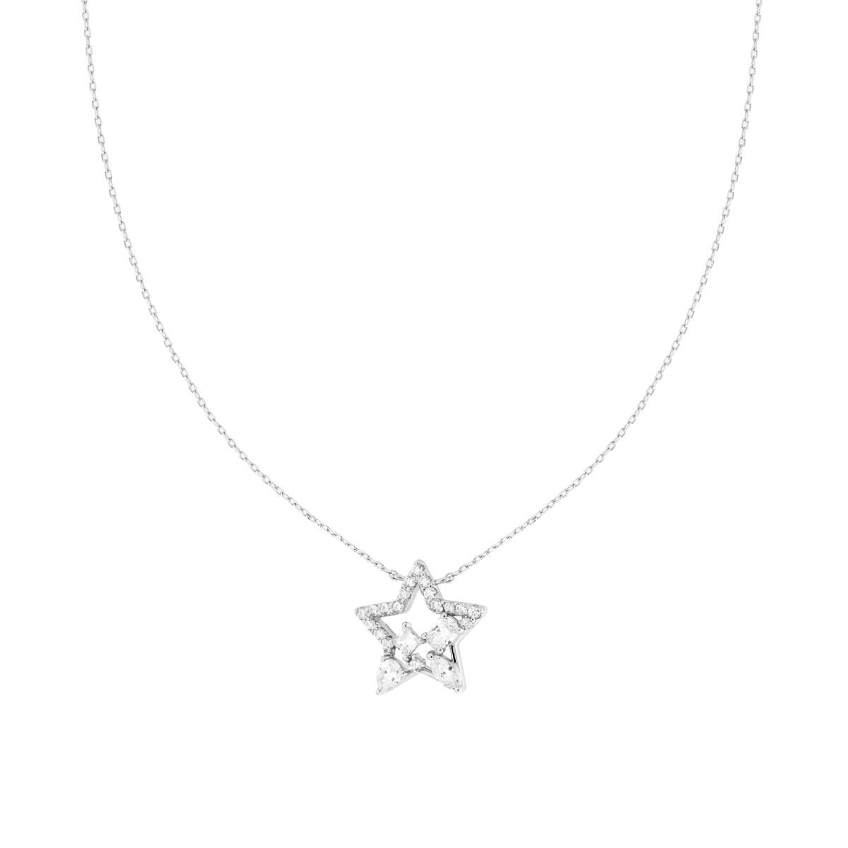 Collana Catena Forzatina Diamantata con Stella e Cubic Zirconia Bianchi in ARGENTO 925 Galvanica Rodio