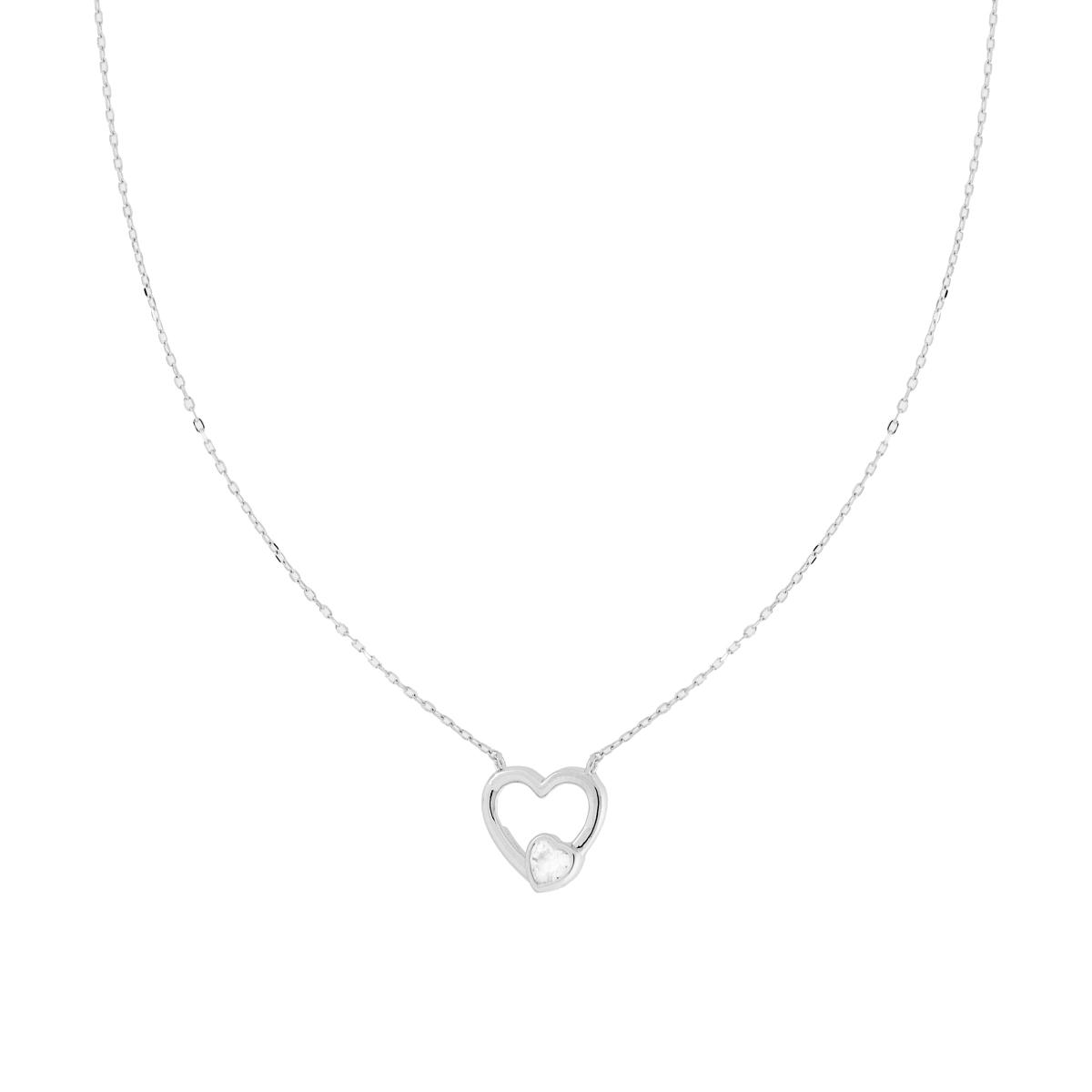 Collana Catena Forzatina Diamantata con Cuore e Cubic Zirconia Bianco in ARGENTO 925 Galvanica Rodio