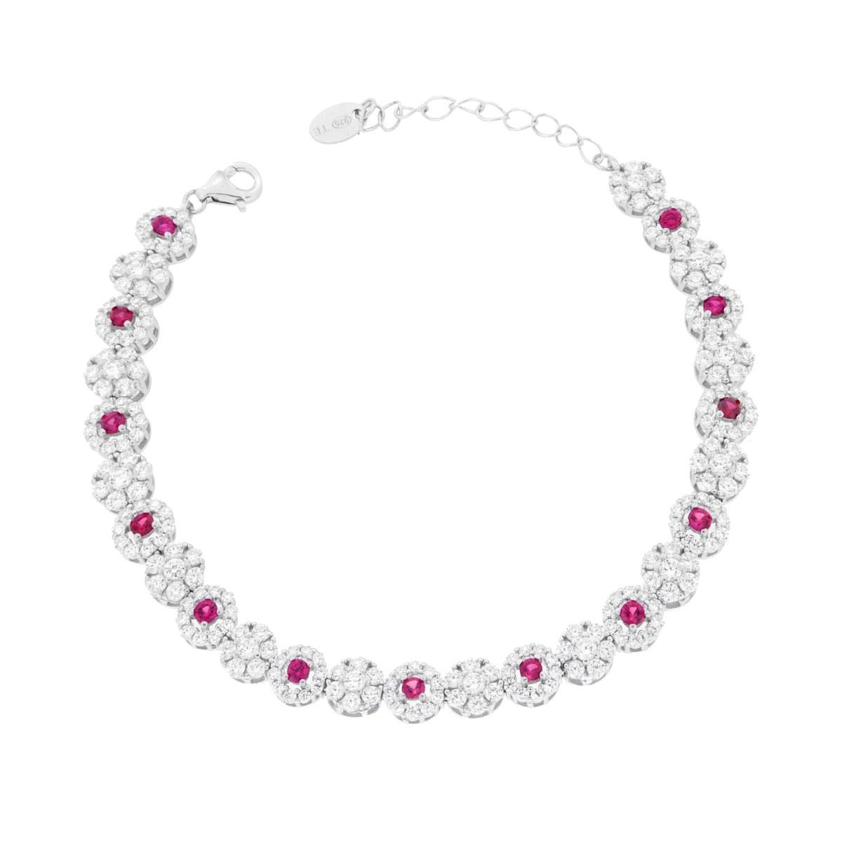 Bracciale Tennis Fiori con Cubic Zirconia Rosso Rubino e Bianchi in ARGENTO 925 Galvanica Rodio