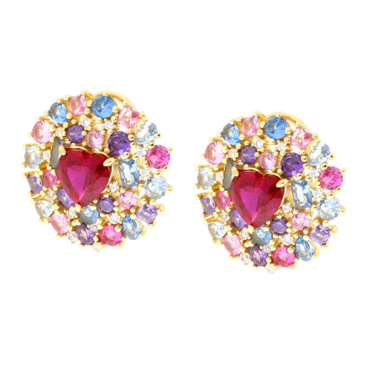 Orecchini Cuore Rosso Rubino contornato da Cubic Zirconia Multicolor in ARGENTO 925 Galvanica Oro
