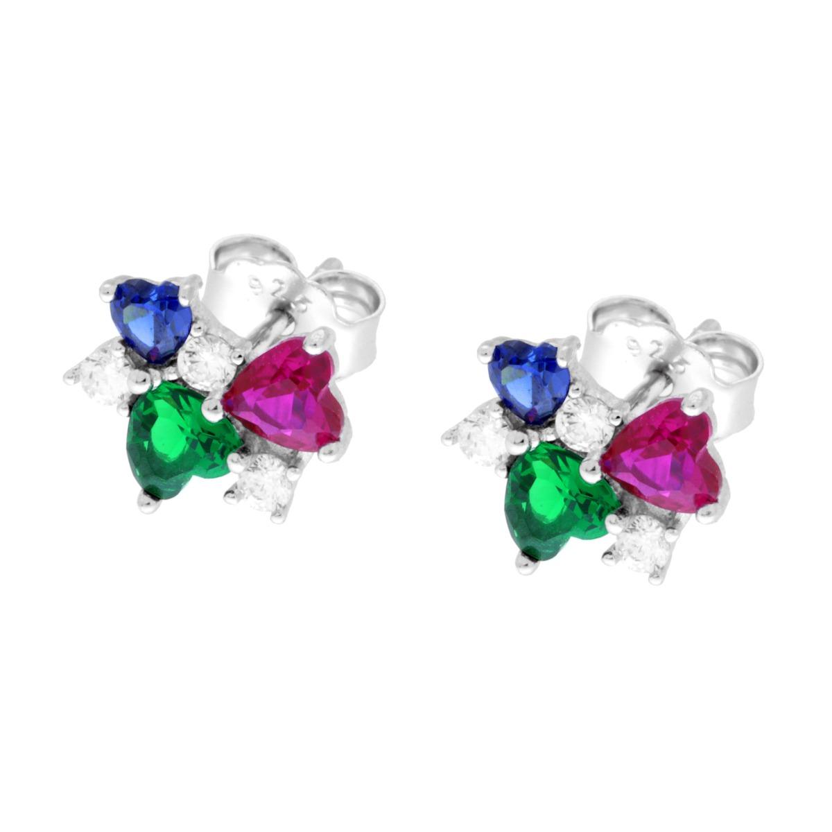 Orecchini Cuori con Cubic Zirconia Multicolor in ARGENTO 925 Galvanica Rodio