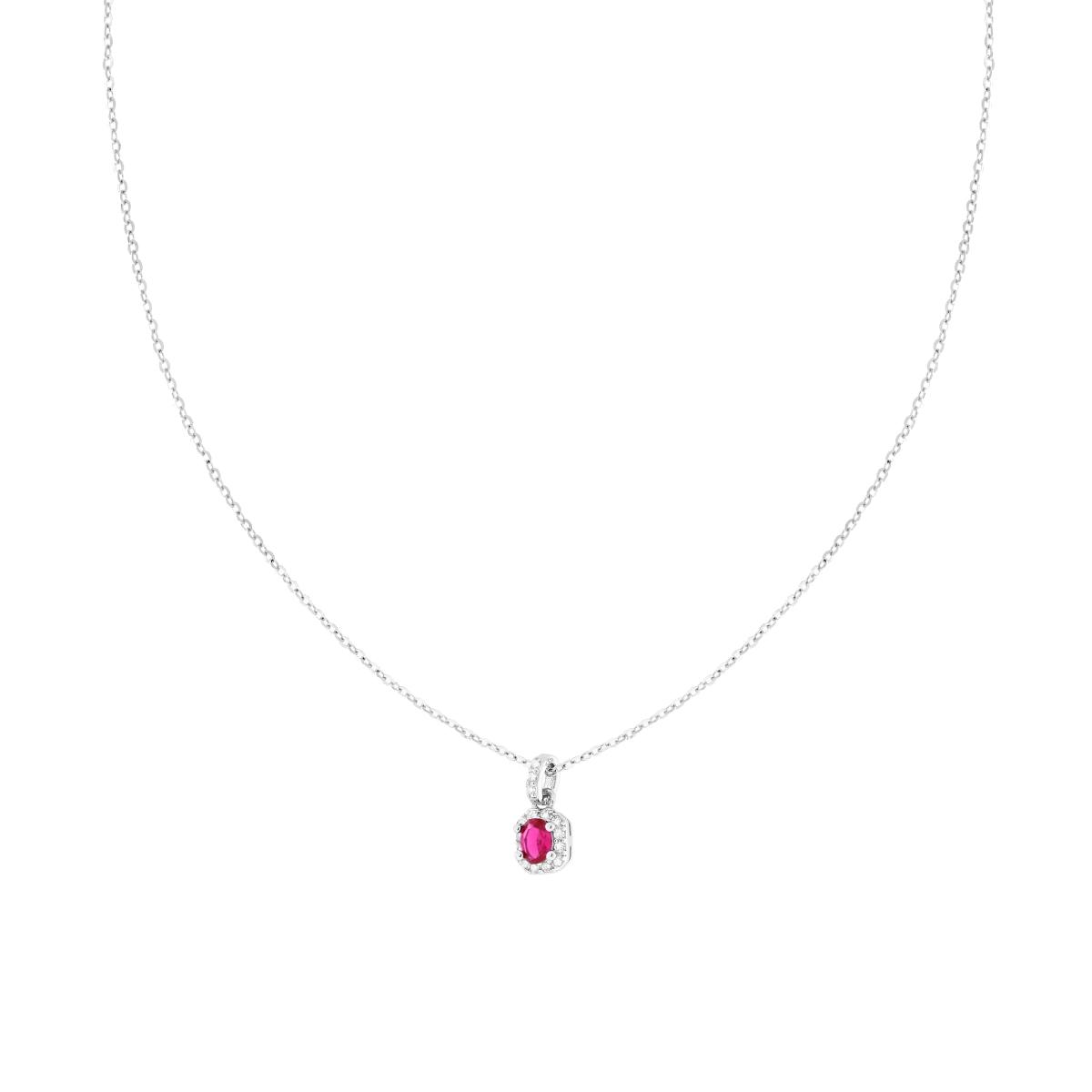 Collana Catena Forzatina Diamantata con Ovale Rosso Rubino contornato da Cubic Zirconia Bianchi in ARGENTO 925 Galvanica Rodio