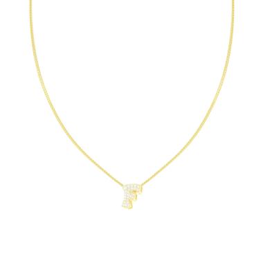 Collana Catena Spiga Diamantata con Lettera Iniziale F e Cubic Zirconia Bianchi in ARGENTO 925 Galvanica Oro