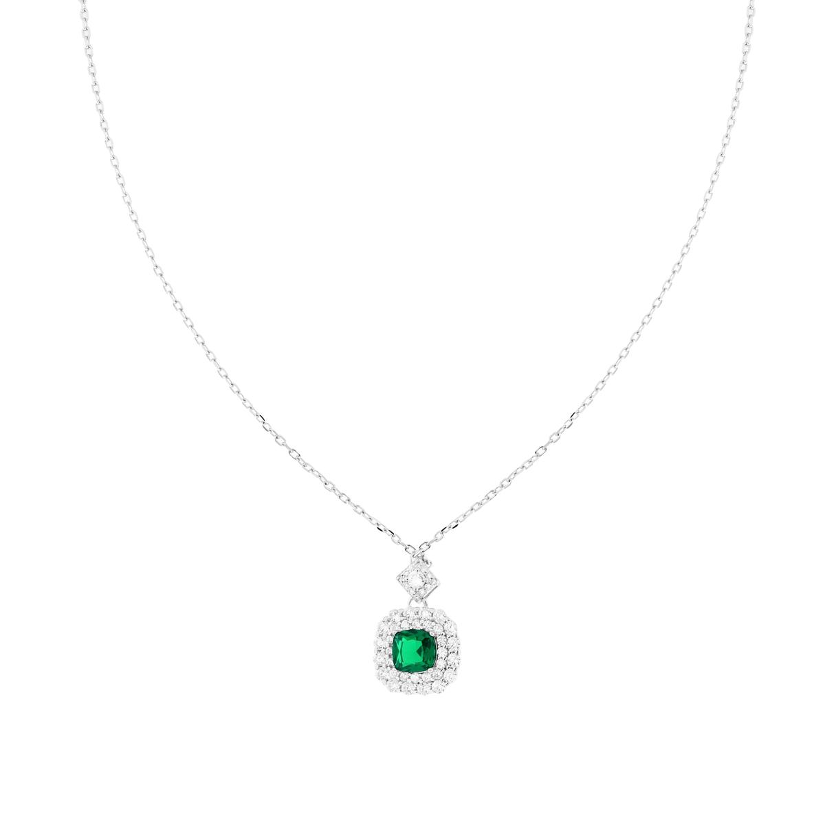 Collana Catena Forzatina Diamantata con Quadrato Cushion Verde Smeraldo contornato da Cubic Zirconia Bianchi in ARGENTO 925 Galvanica Rodio