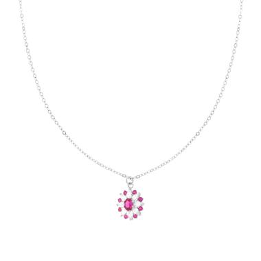 Collana Catena Forzatina Diamantata con Fiore Ovale Rosso Rubino e Cubic Zirconia Bianchi Marquise in ARGENTO 925 Galvanica Rodio