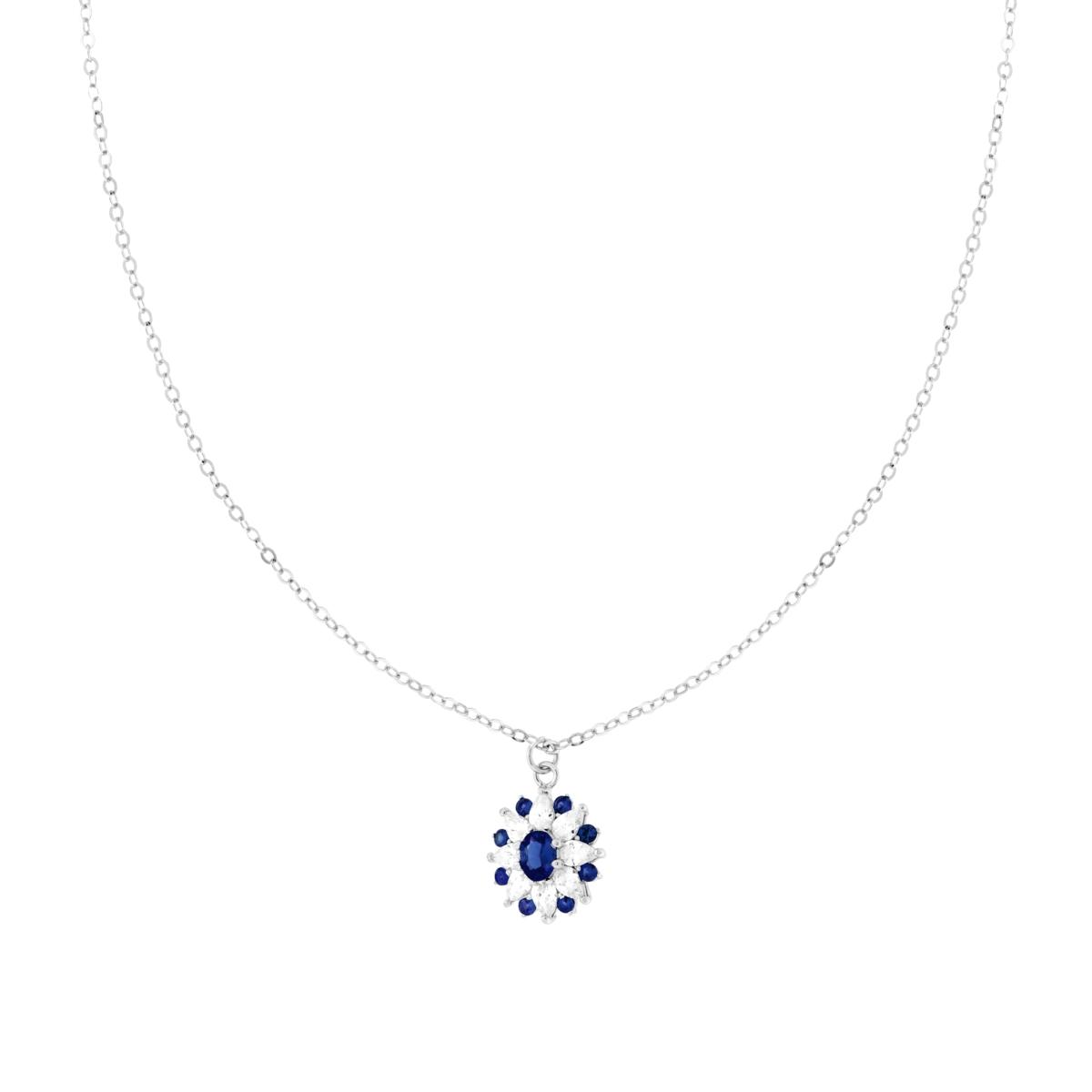Collana Catena Forzatina Diamantata con Fiore Ovale Blu Zaffiro e Cubic Zirconia Bianchi Marquise in ARGENTO 925 Galvanica Rodio