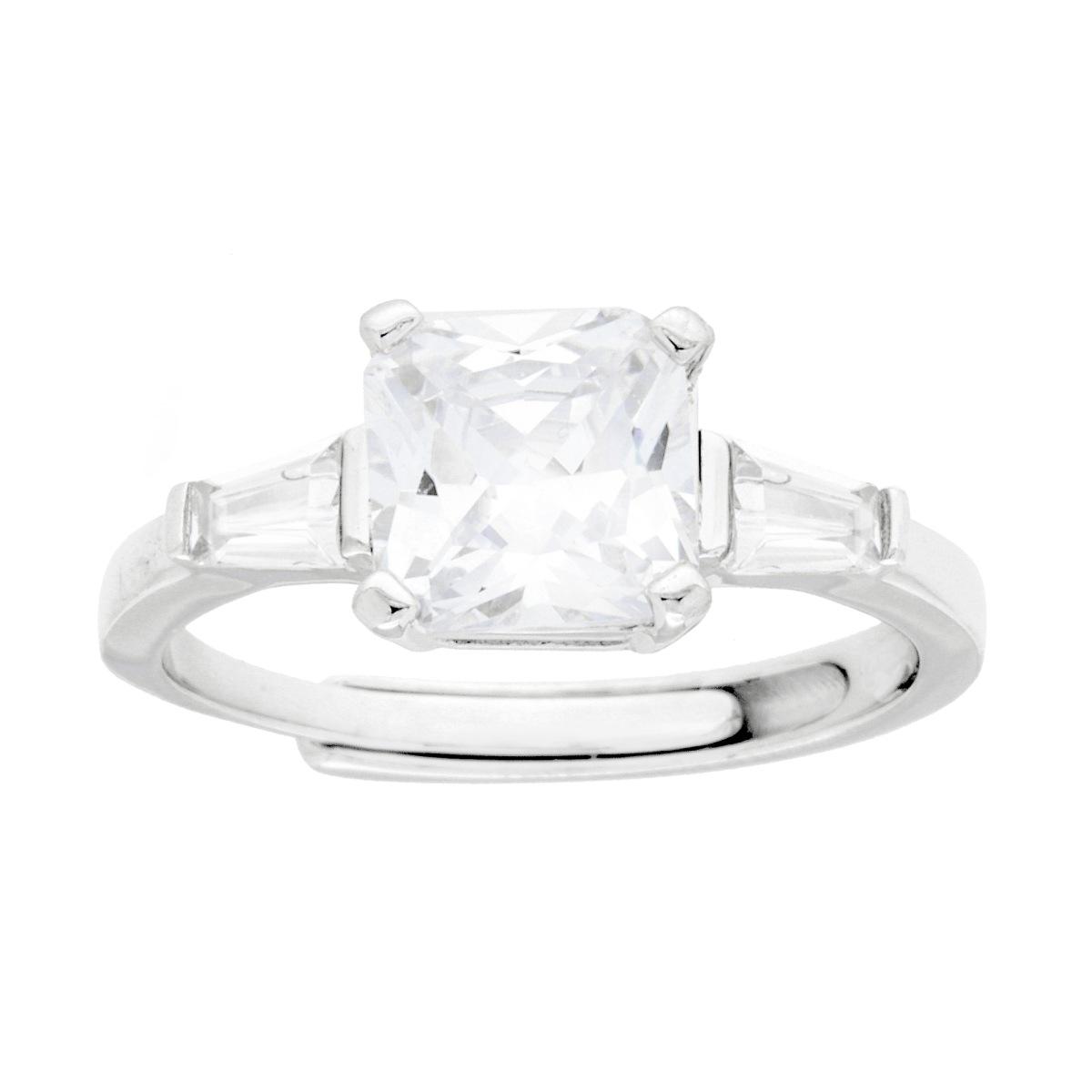 Anello Solitario Quadrato e Cubic Zirconia Bianchi Trapezio in ARGENTO 925 Galvanica Rodio