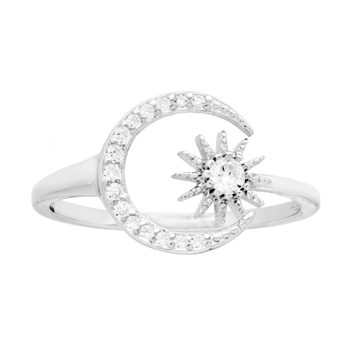 Anello Sole Luna con Cubic Zirconia Bianchi in ARGENTO 925 Galvanica Rodio