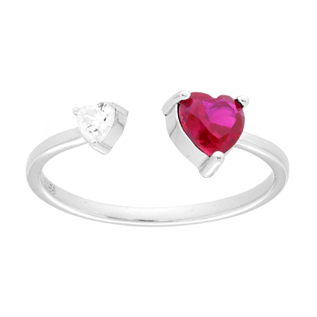Anello Bilogy Cuore Rosso Rubino e Cuore Cubic Zirconia Bianco in ARGENTO 925 Galvanica Rodio